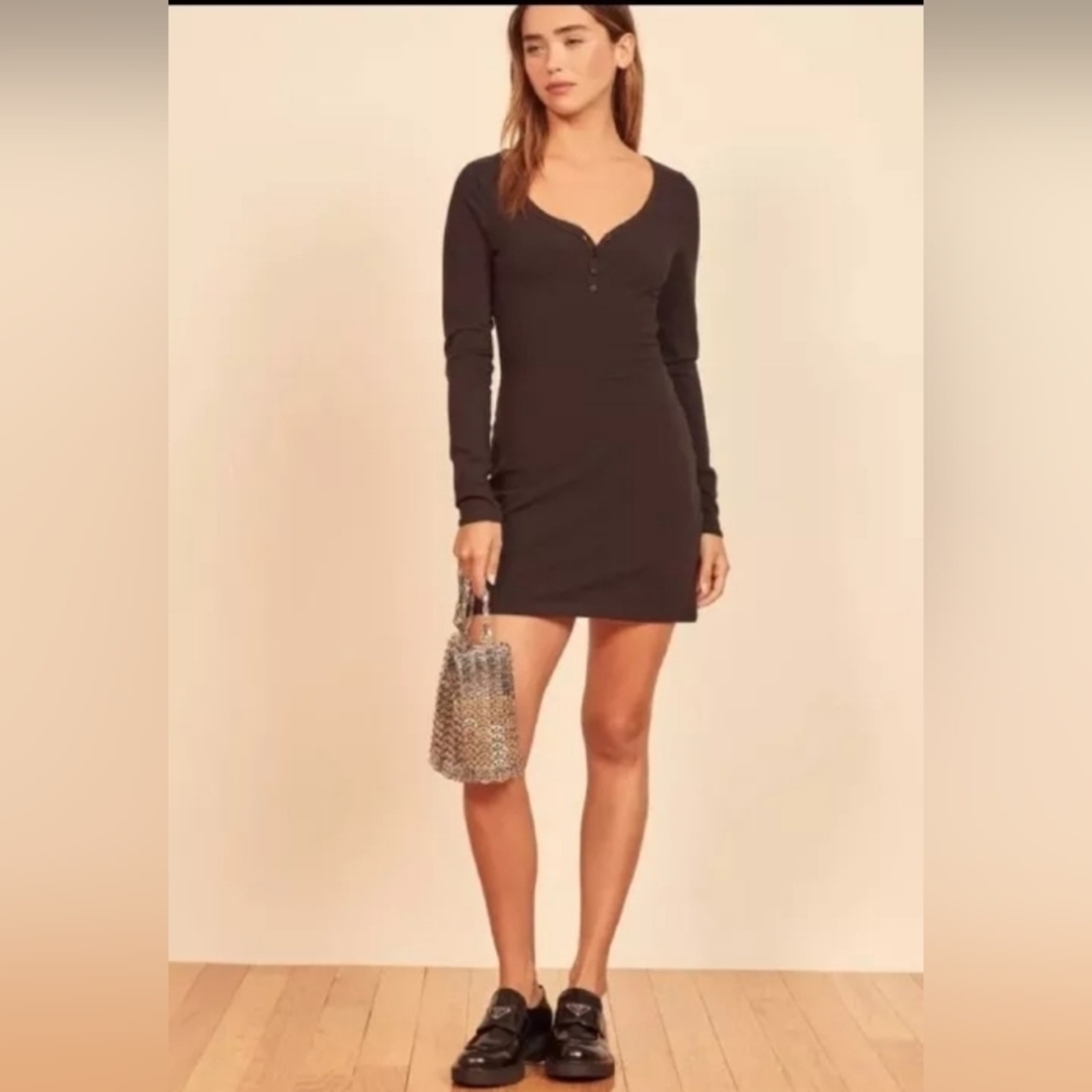 Reformation Jeans Black Long Sleeve Stretch V-Neck Axel Mini Dress Size XS